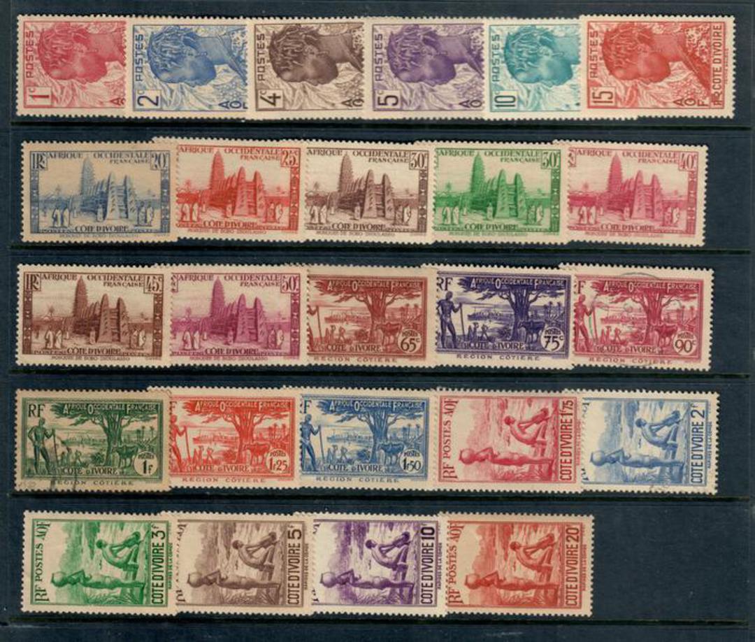 IVORY COAST 1936 Definitives. Set of 41. Two values fine used (including the 90c SG £3.75 above the mint). The rest are all mint image 0