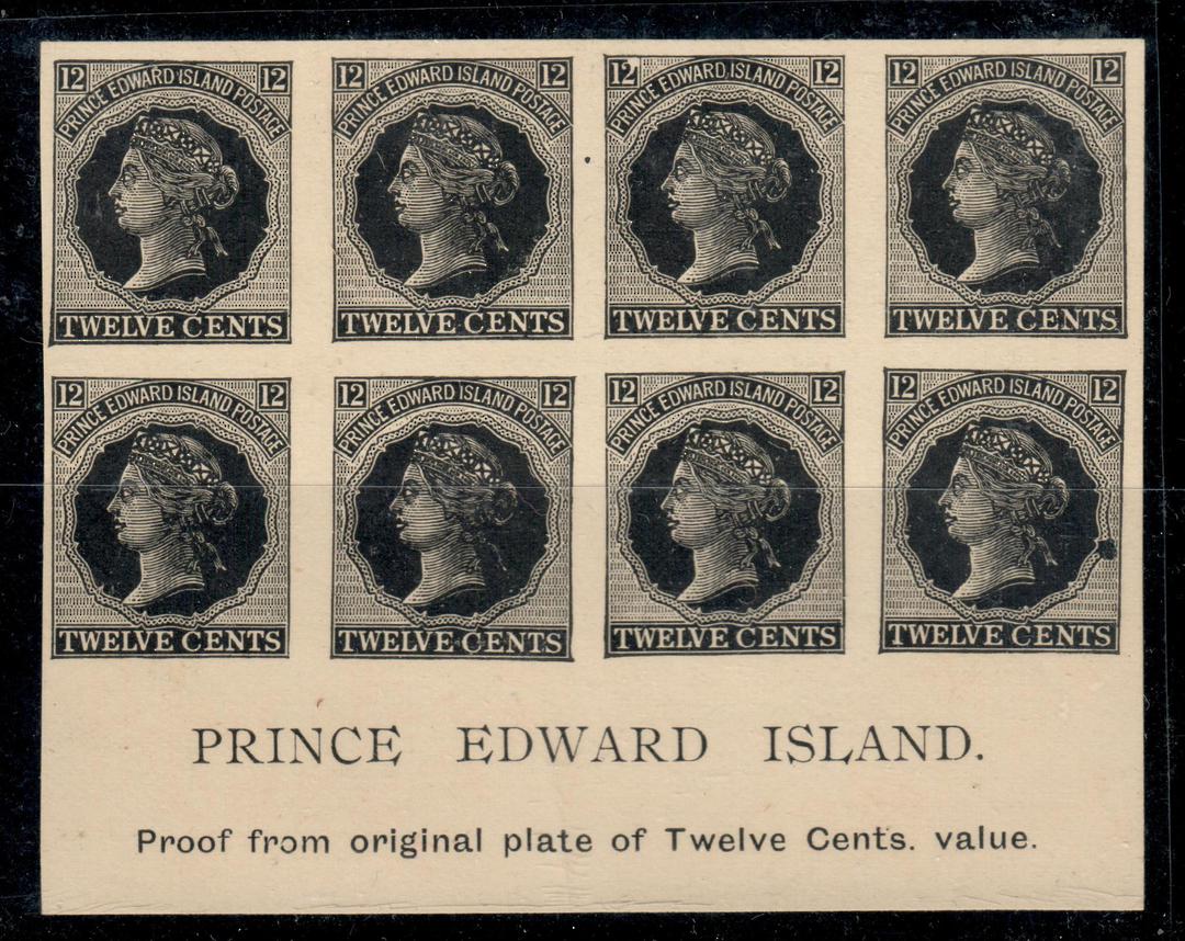 PRINCE EDWARD ISLAND 1872 Definitive 12c Reddish Mauve. Reprint Plate Proof in black. Block of 8. Very fine or better still Supe image 0