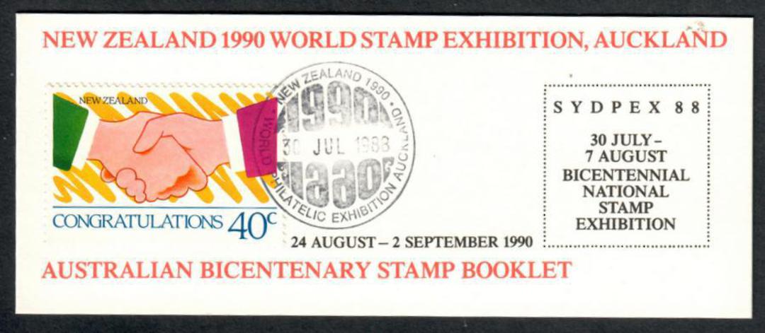 NEW ZEALAND 1990World Stamp Exhibition. Booklet issued at Sydpex 1988 with 6 austra;ian Bicentenary Stamps. On cover is Congratu image 0