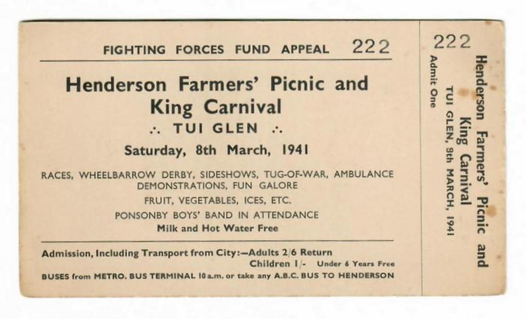 NEW ZEALAND 1941 Fighting Forces Appeal. Henderson Farmers' Picnic and King Carnival Tui Glen. Ticket. - 30236 - PostalHist image 0