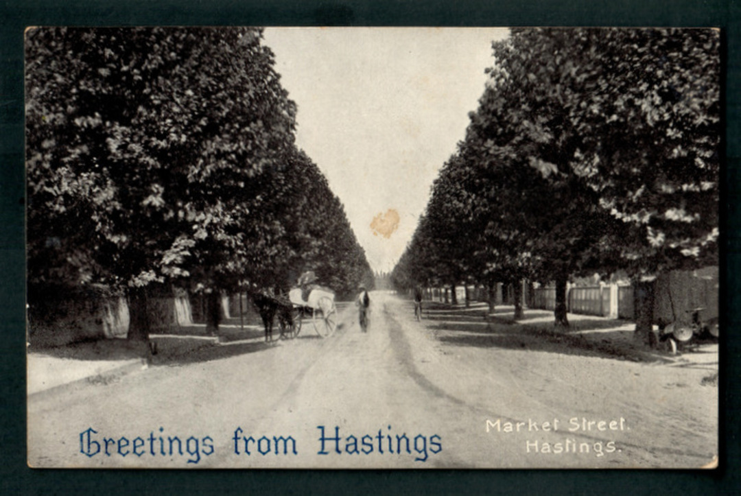 Postcard of Market Street Hastings. Greetings from Hastings. Stain. - 48066 - Postcard image 0