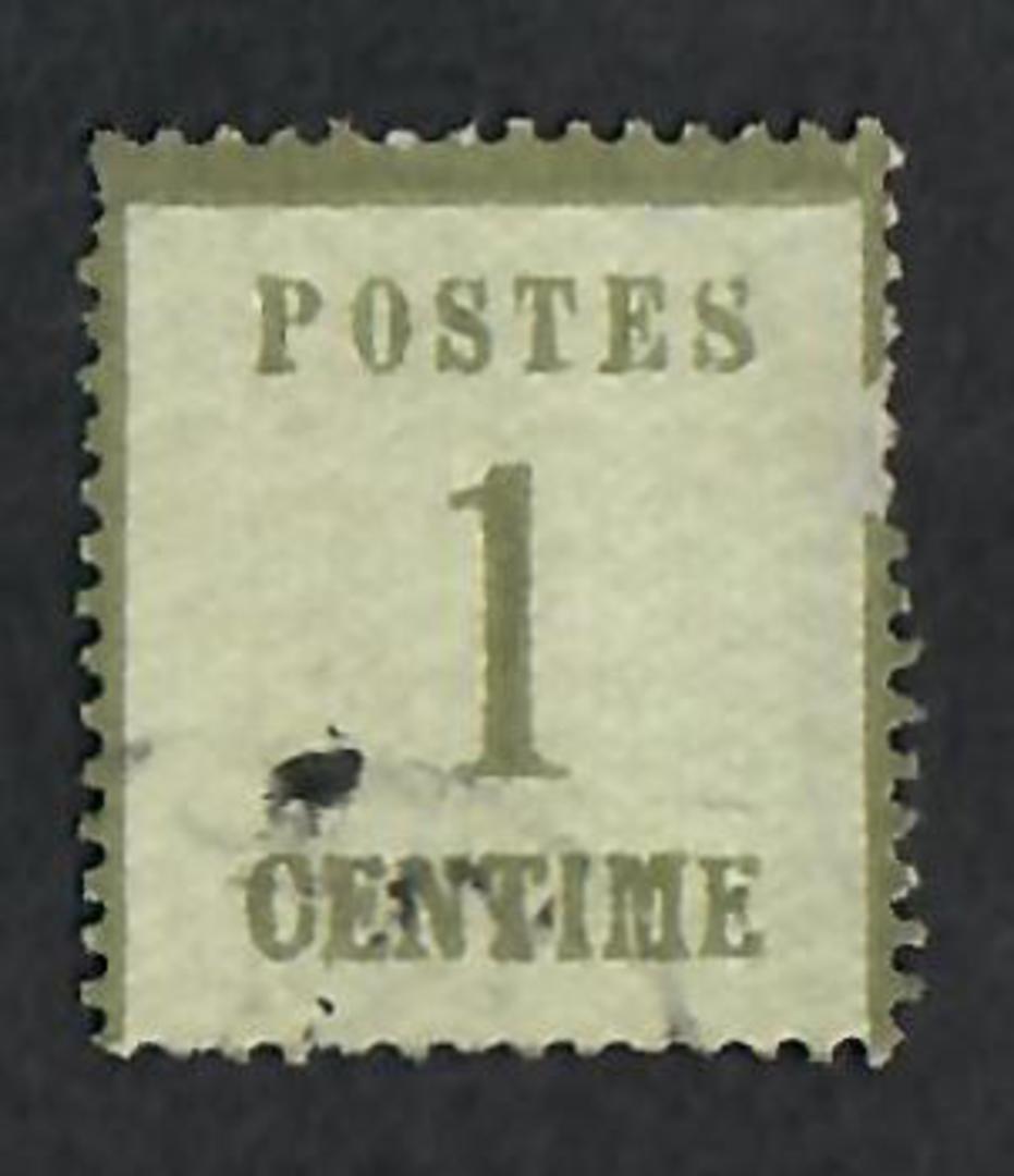 ALSACE and LORRAINE 1870 Definitive 1c Olive-Green. Points of the net upwards.  Genuine copy. "P" of Postes 3mm + from left edge image 0