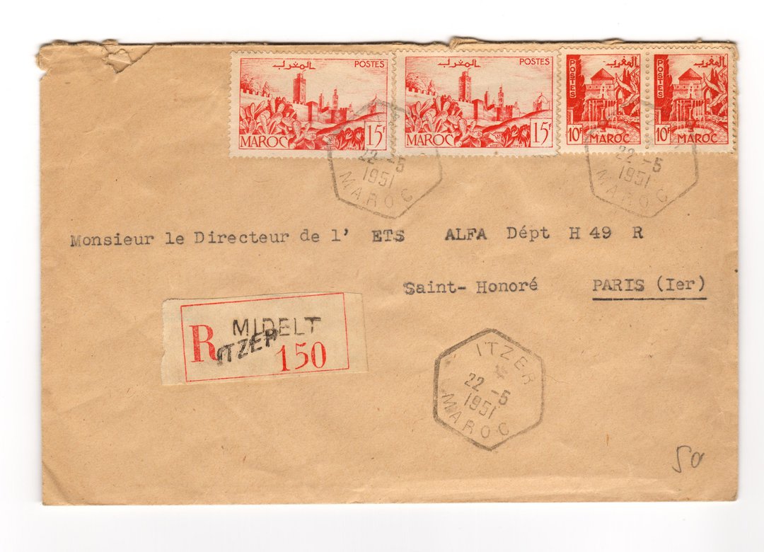 FRENCH MOROCCO 1951 Registered Letter from Itzer to Paris. Overprint on registration label. - 37760 - PostalHist image 0