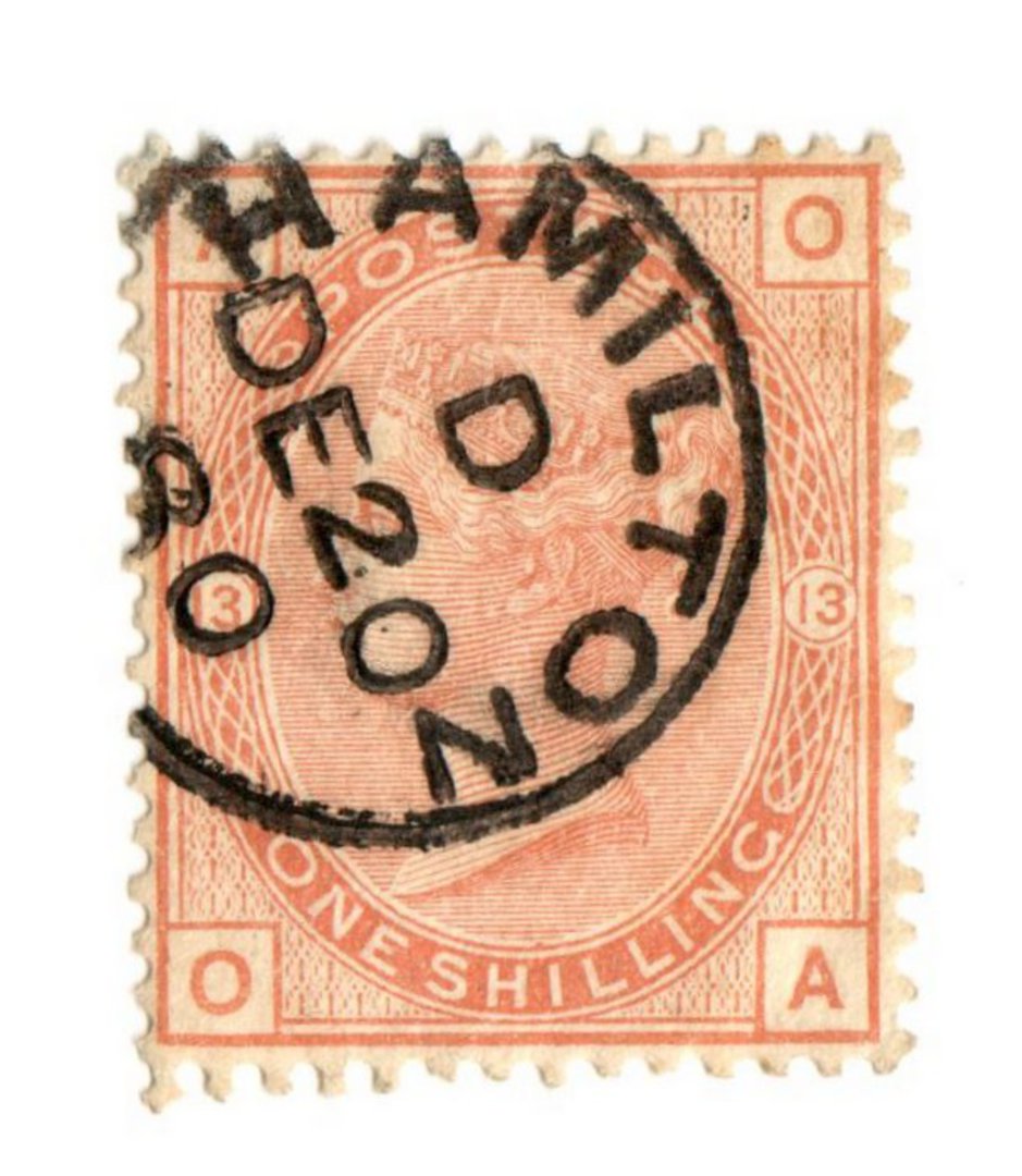 GREAT BRITAIN 1880 1/- Orange Brown. Plate 13. Letters AOOA. Lovely circular postmark HAMILTON 20/12/80 which is probably unique image 0