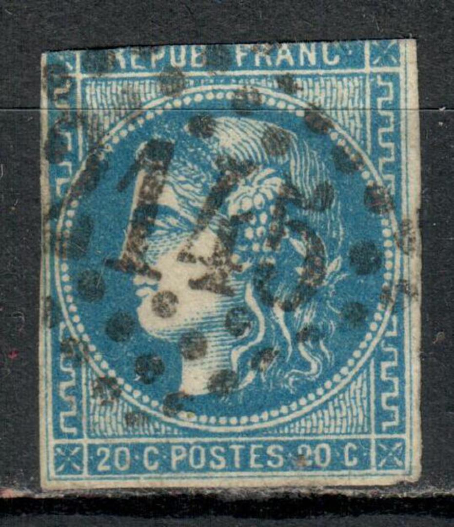 FRANCE 1870 Definitive 20c Blue. Litho at Bordeaux, which was the seat of French Government during the Seige of Paris. 2 good ma image 0