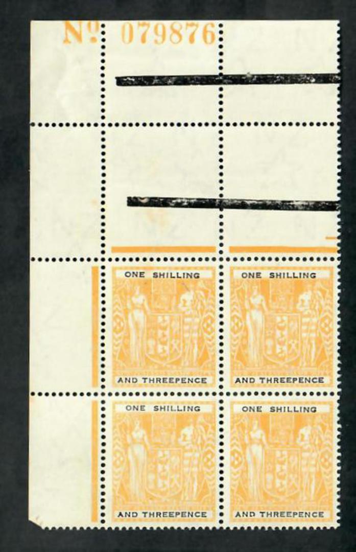 NEW ZEALAND 1931 Arms 1/3 Yellow and Black. Numbered north west corner block of 4. Slight crinkle. One tone spot. - 20070 - UHM image 0