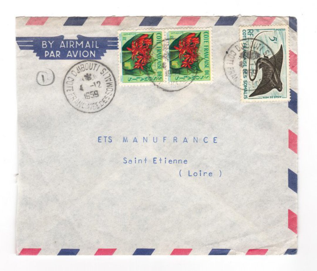 FRENCH SOMALI COAST 1959 Airmail Letter from Djibouti to France. Untidy. - 38269 - PostalHist image 0