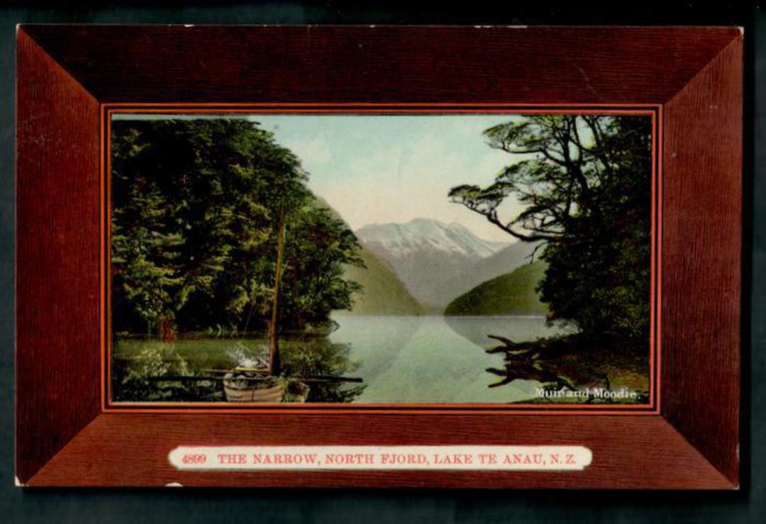 Coloured postcard by Muir and Moodie of the Narrow North Fjord Lake Te Anau. - 49069 - Postcard image 0