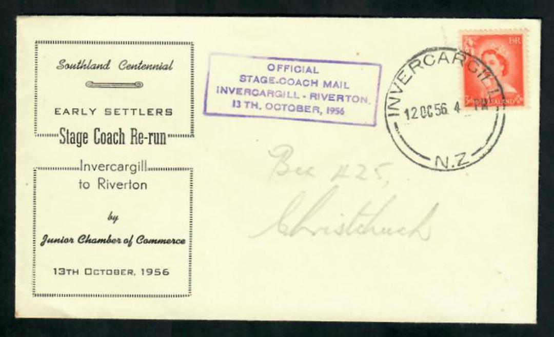 NEW ZEALAND 1956 Official Stage-Coach Mail Invercargill to Riverton. Illustrated cover. - 30764 - PostalHist image 0