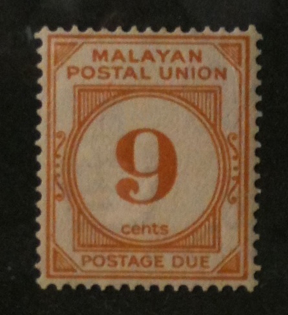 MALAYAN POSTAL UNION 1945 Postage Due 9c Yellow-Orange. Perf 15x14. Gum aging but not toned. - 72039 - UHM image 0