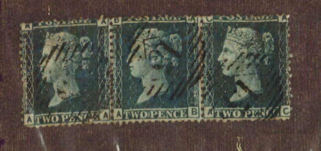GREAT BRITAIN 1856 2d Blue. Watermark Large Crown. Plate 6. Perf 14. Strip of three but two damaged. Letters AA AB AC. - 74584 - image 0