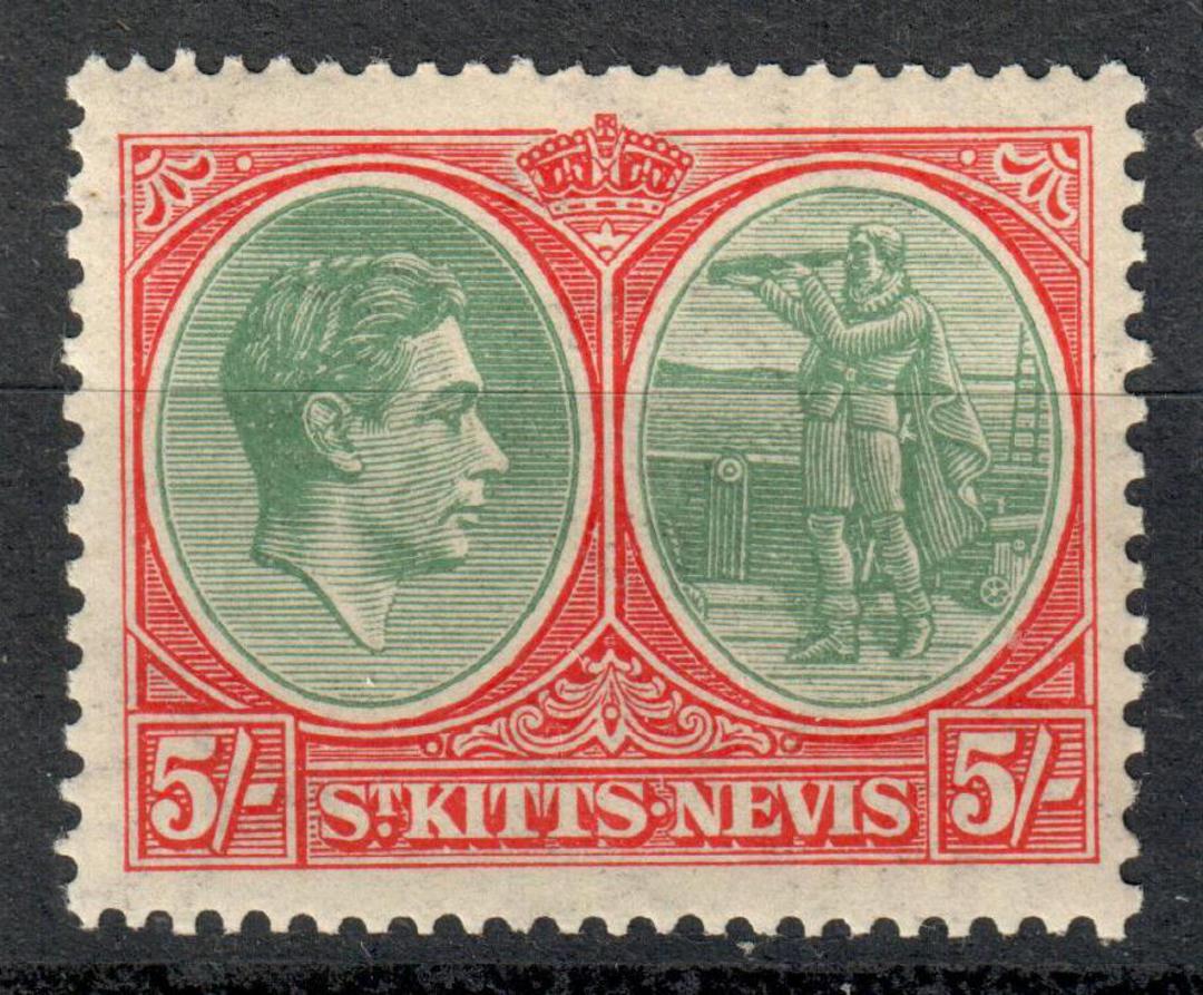 ST KITTS 1938 Geo 6th Definitive 5/- Grey-Green and Scarlet.  Perf 13x12. - 8258 - UHM image 0
