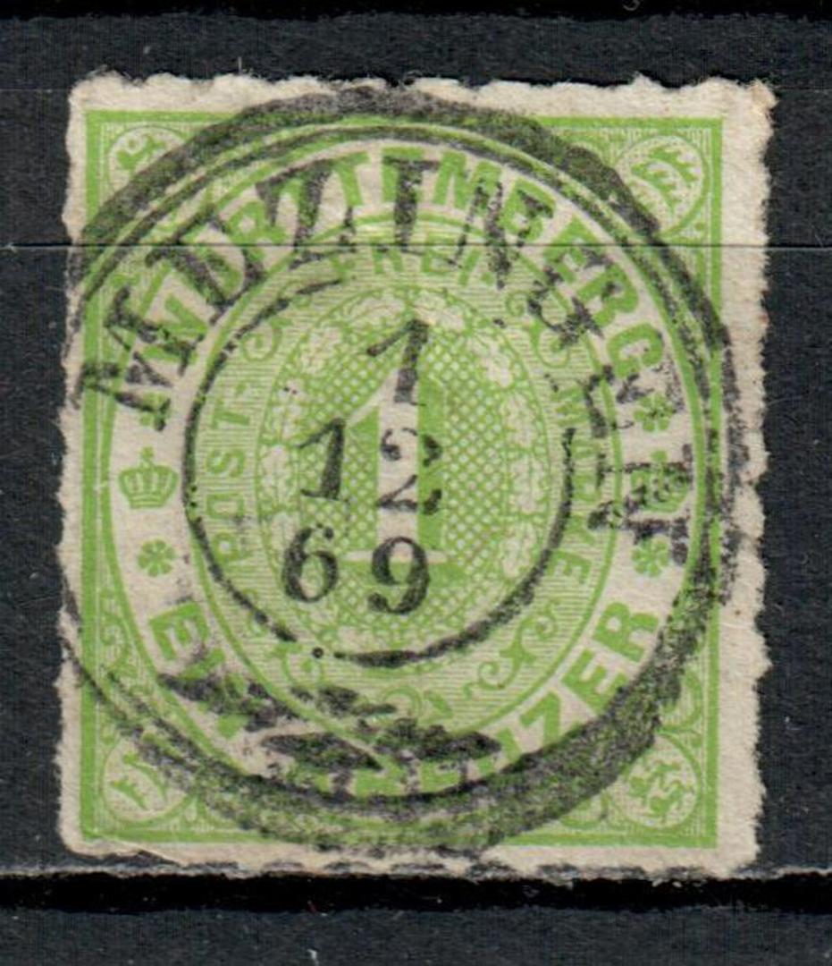 WURTTEMBERG 1869 Definitive 1kr Yellow-Green. Roulette 10. Fine Postmark MEZINGEN 1/12/69. The stamp should be embossed but is n image 0