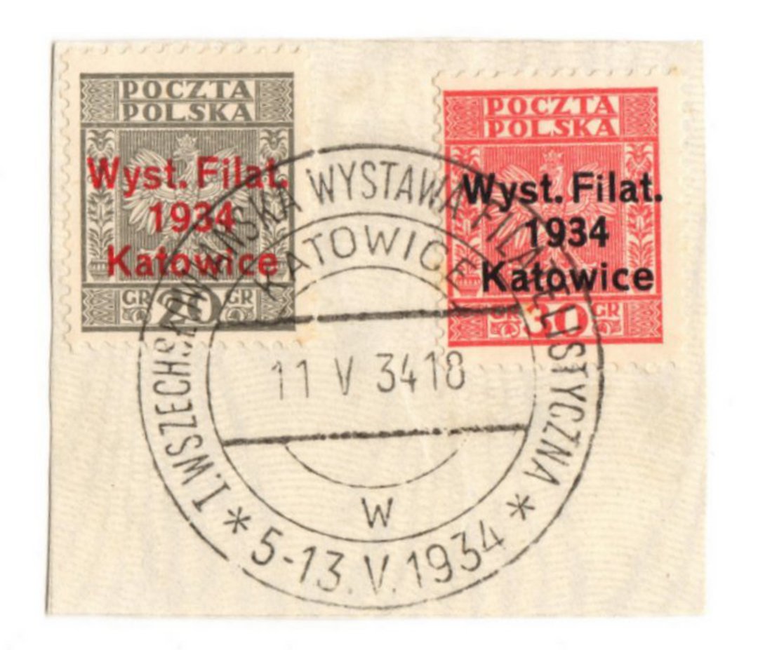 POLAND 1934 Katowice International Stamp Exhibition. Set of 2 on piece with full exhibition postmark. - 73774 - VFU image 0