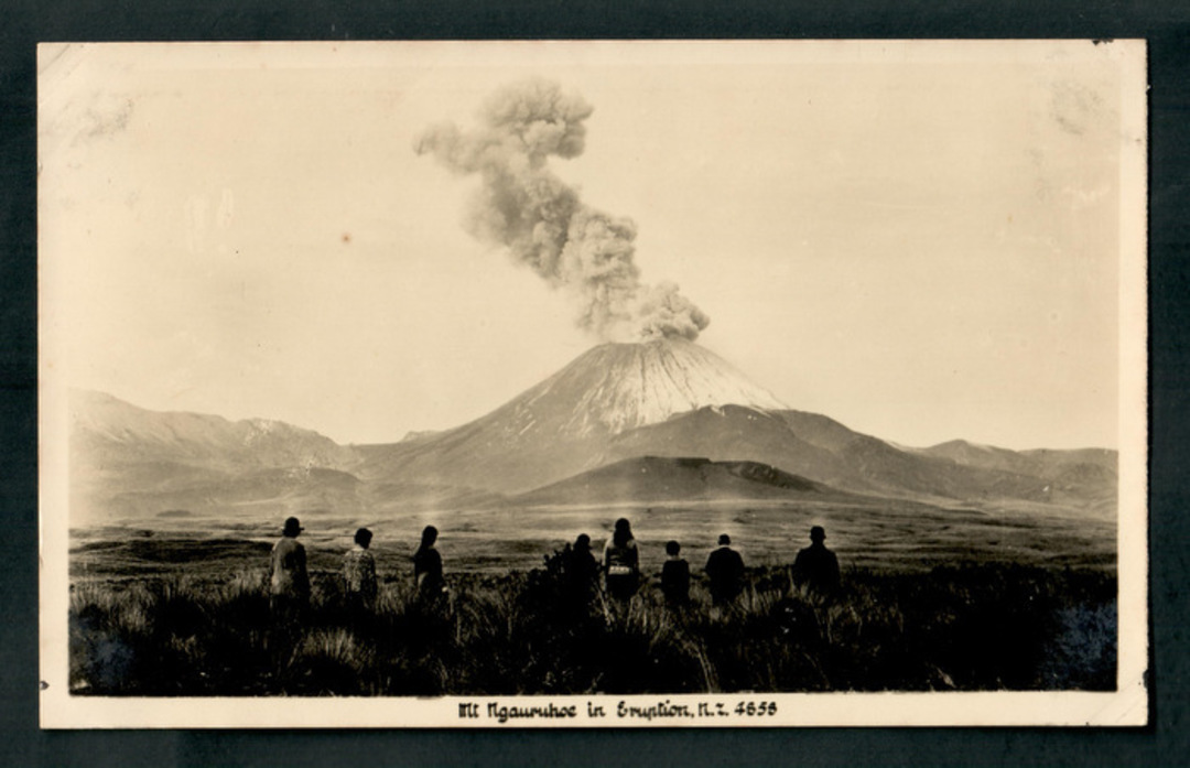 Real Photograph by A B Hurst & Son of Mt Ngauruhoe in Eruption. - 46820 - Postcard image 0