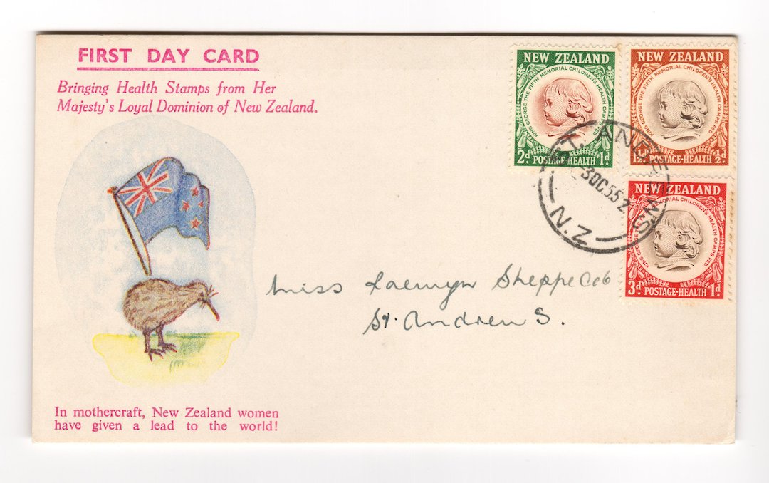 NEW ZEALAND Postmark Timaru ST ANDREW'S. J class cancel on cover. NEW ZEALAND 1955 Health on illustrated first day cover. Jones image 0