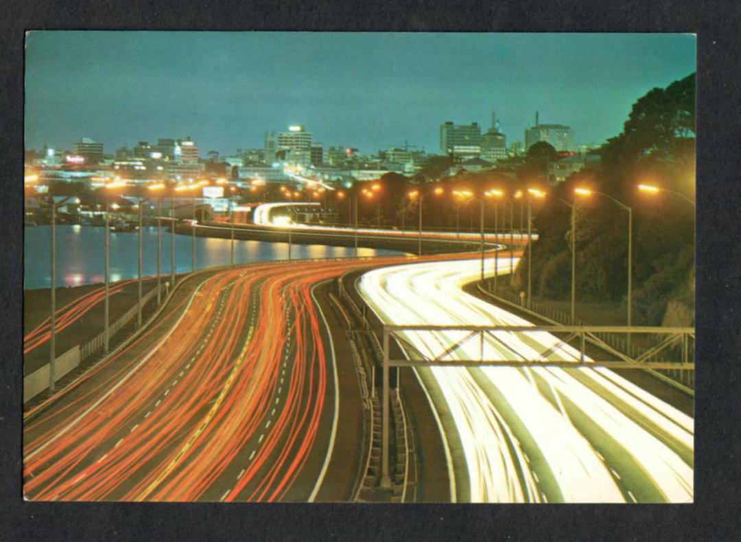 Modern Coloured Postcard by Gladys Goodall of the Fanshawe approach to the Auckland Harbour Bridge at night. - 444333 - Postcard image 0