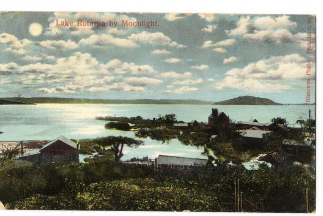 Coloured postcard of Lake Rotorua by moonlight. - 46040 - Postcard image 0