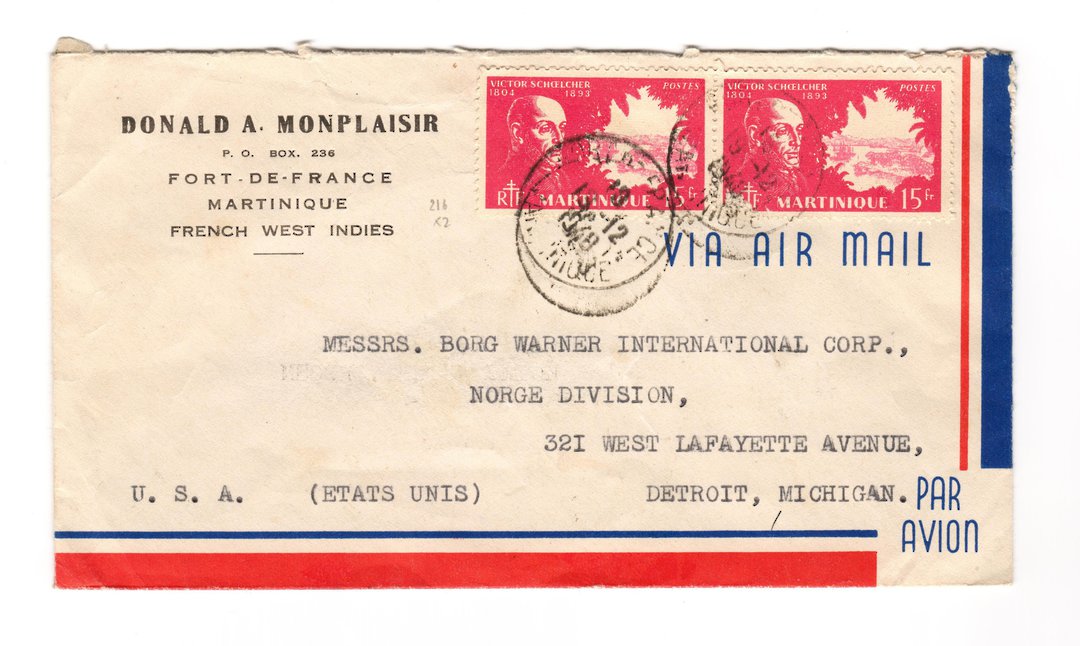 MARTINIQUE 1949 Airmail Letter from Fort de France to USA.
. - 37792 - PostalHist image 0