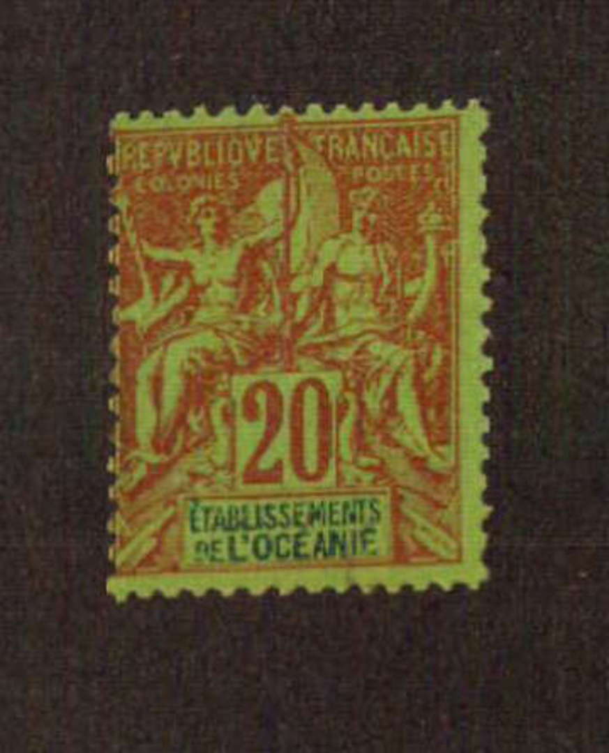 FRENCH OCEANIC SETTLEMENTS 1892  Definitive "Tablet" type 20c Red on Green.  Centred west and slightly north. Good fresh appeara image 0