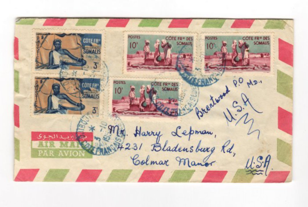 FRENCH SOMALI COAST 1954 Airmail Letter from Djibouti to USA. - 38263 - PostalHist image 0