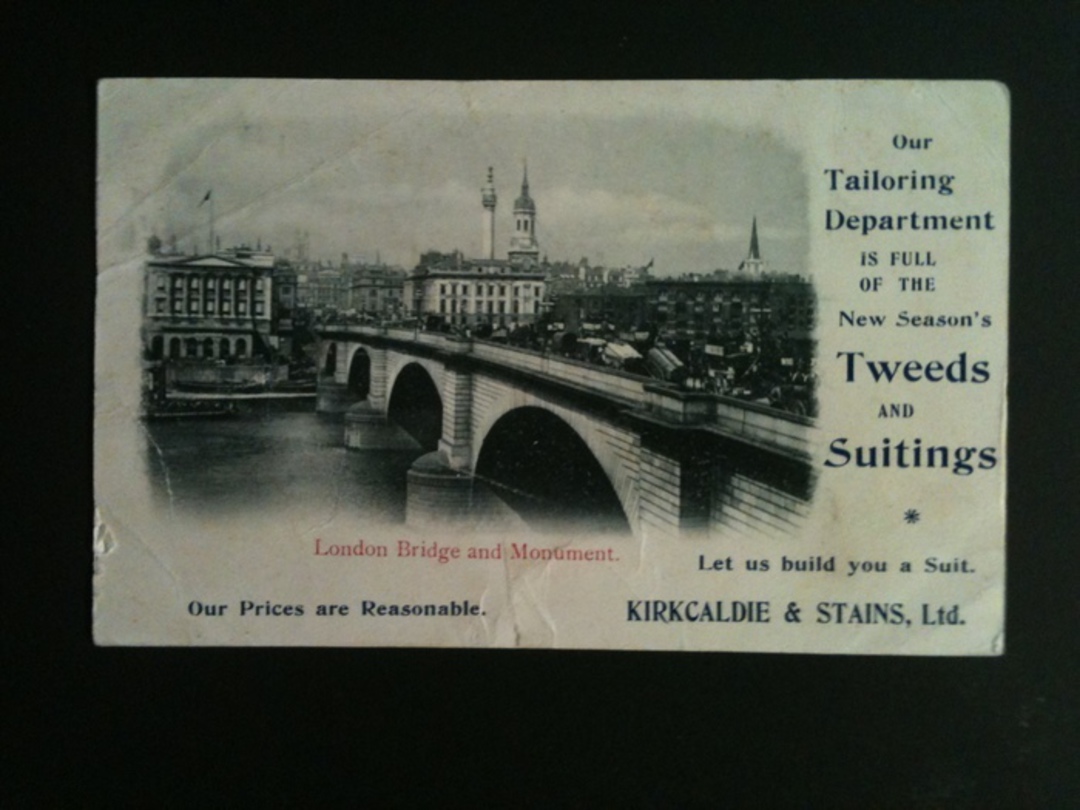 Postcard of London Bridge and Monument. Advertising card Kirkcaldie & Stains Ltd. Slogan cancel WELLINGTON PAID addressed to the image 1
