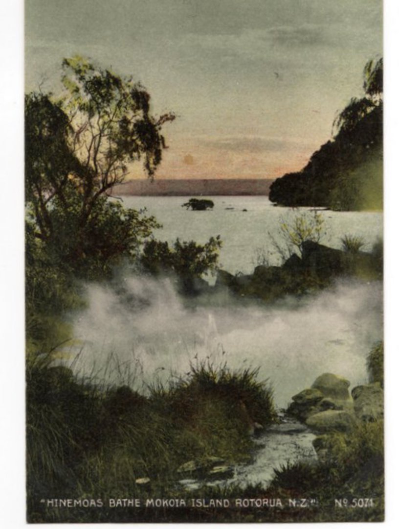 Coloured postcard of Hinemoa's Bathe Mokoia Island. - 46093 - Postcard image 0