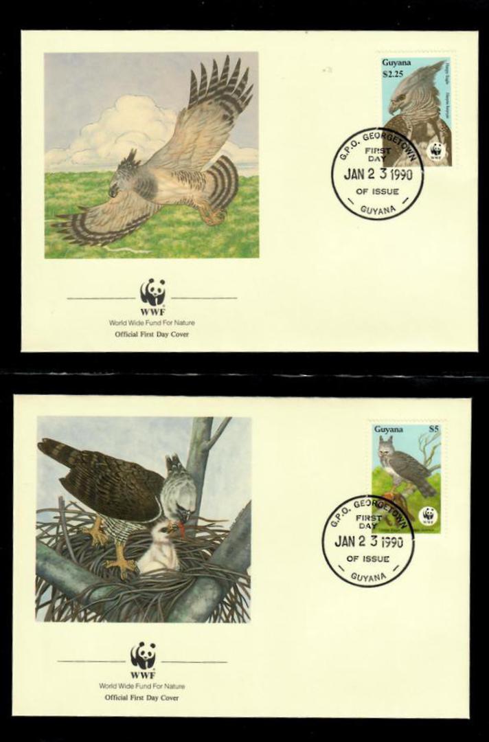 GUYANA 1990 Endangered Species. Harpy Eagle. World Wildfile Fund. Set of 4 in mint never hinged and on first day covers with 6 p image 1