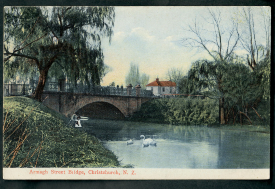 Coloured postcard of Armagh Street Bridge Christchurch. - 48507 - Postcard image 0