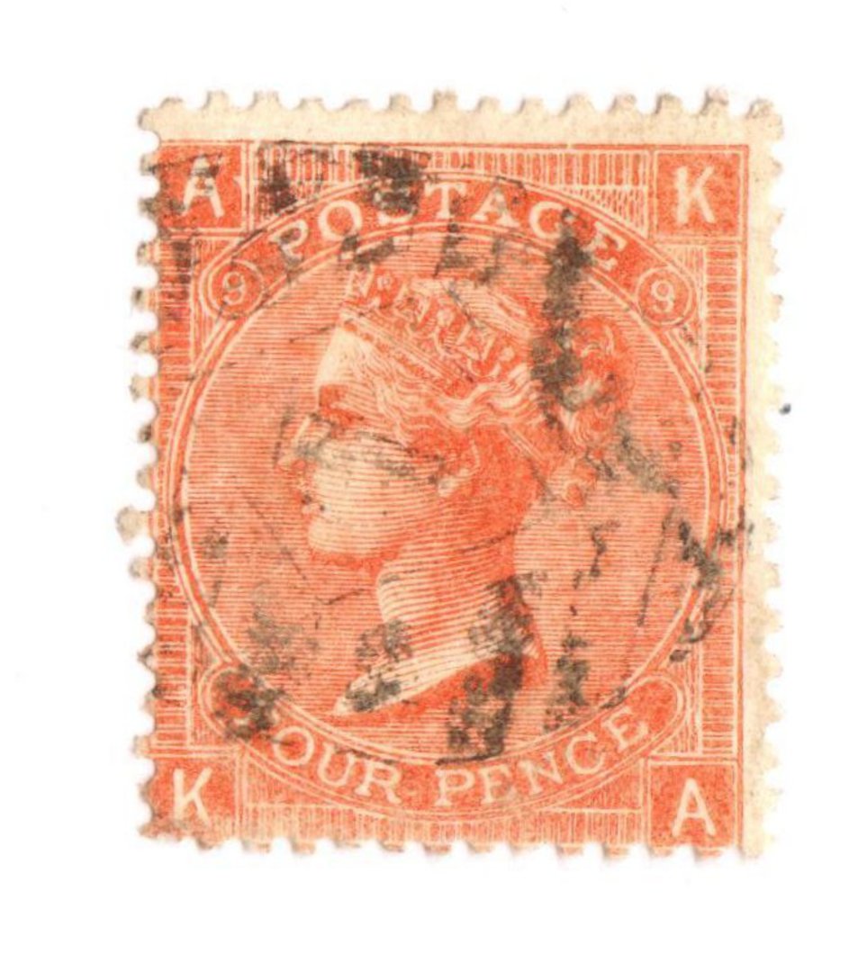 GREAT BRITAIN 1865 4d Vermillion. Plate 9. Centred South West. Light cancel  Nice copy. - 70247 - Used image 0
