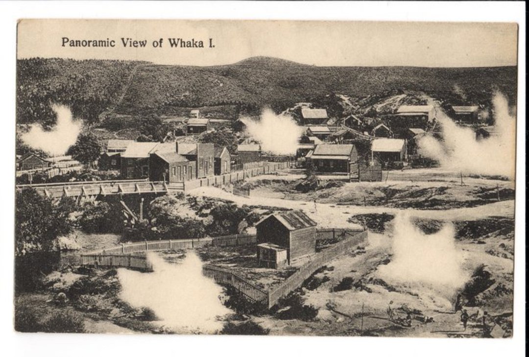 Postcard by J B Blencoe. Panoramic view of Whakarewarewa 1. - 46005 - Postcard image 0