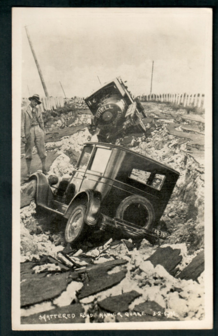 Photograph of Shattered Road (and Cars) Napier Earthquake 3/2/1931. - 47915 - Postcard image 0