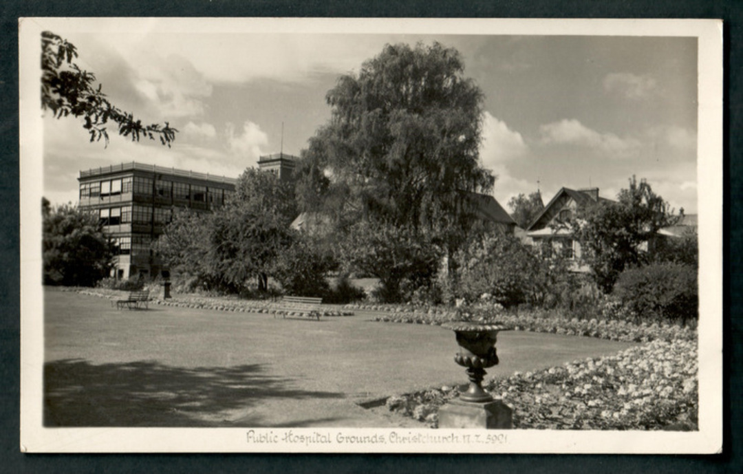 Real Photograph by A B Hurst & Son of Public Hospital Grounds Christchurch. - 48361 - Postcard image 0
