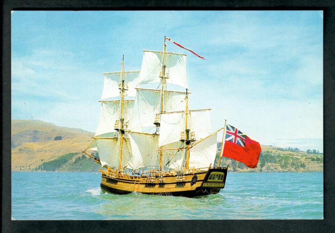Modern Coloured Postcard of HMS Endeavour. Advertising card for NZI Corporation snd the Captain Cook Memorial Museum. - 444843 - image 0