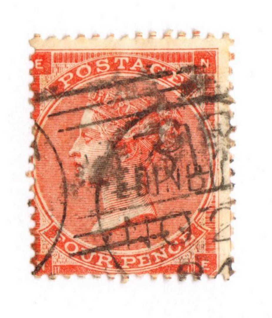GREAT BRITAIN 1863 4d Bright Red. Nice colour but messy postmark detracts. Good perfs. Hairline visible in the south east corner image 0