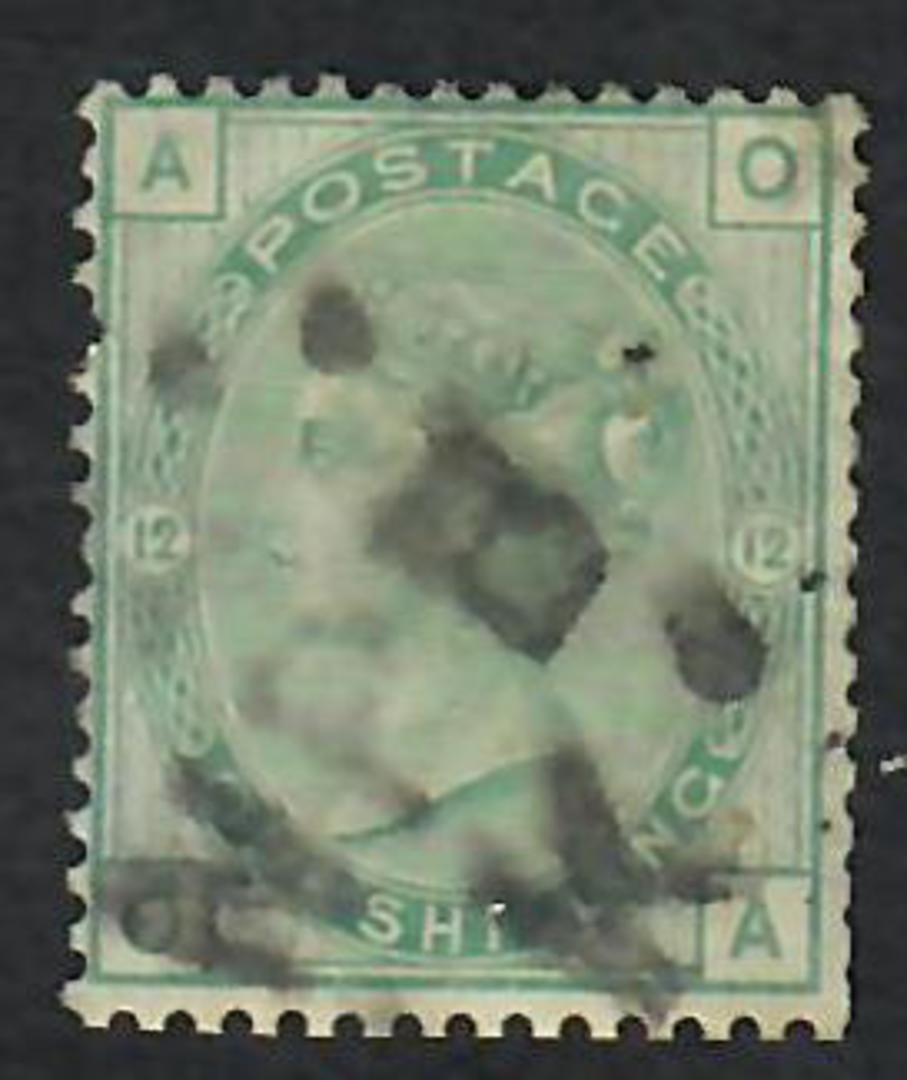 GREAT BRITAIN 1873 1/- Pale Green. Plate 12. Letters AOOA. Unusual postmark NPB K . Messy. Perfs poor. - 70300 - Used image 0