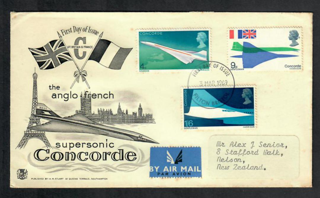 GREAT BRITAIN 1969 First Flight of the Concorde. Set of 3 on first day cover to New Zealand. - 33873 - PostalHist image 0