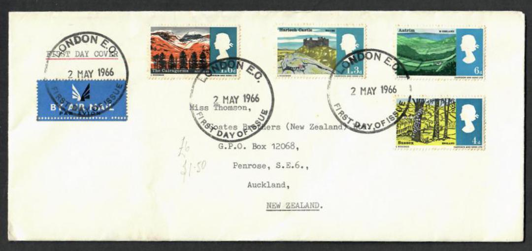 GREAT BRITAIN 1966 Landscapes. Set of 4 on first day cover. Airmail to New Zealand. - 137105 - FDC image 0