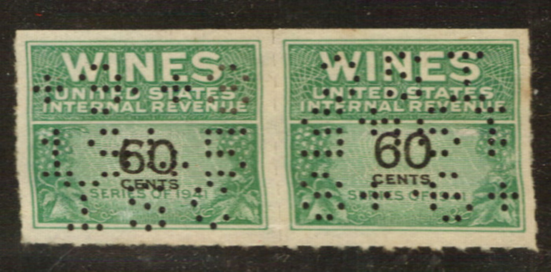 USA 1941 Internal Revenue Wines 60c Green and Black. Perfin. Joined pair. - 76116 - Fiscal image 0