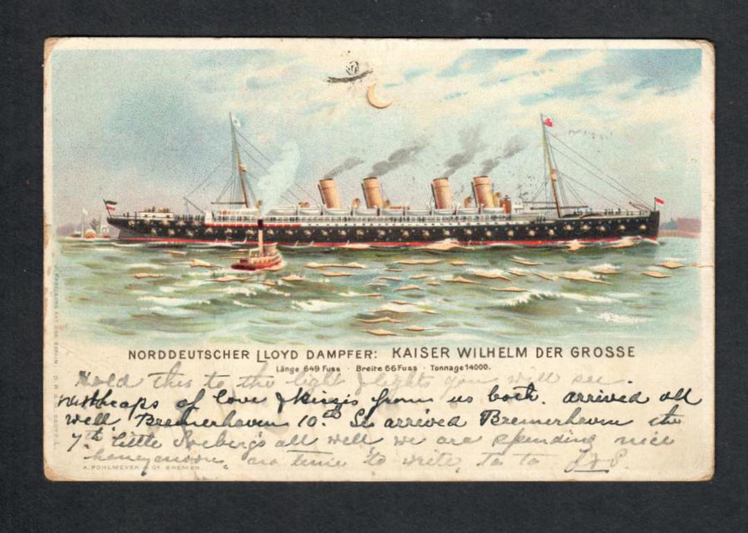 Coloured Postcard of Norddeutscher Lloyd Dampfer Kaiser Wilhelm der Grosse. Sent to the Pilot Statiom at Wanganui. Crease. - 403 image 0
