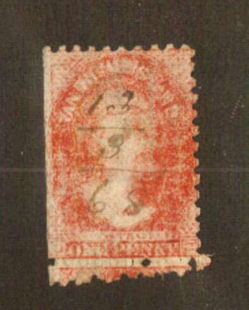 TASMANIA 1864 Victoria 1st Definitive 1d Brick-Red. Perf 10. Poor definition and fiscally used but a major example of double per image 0