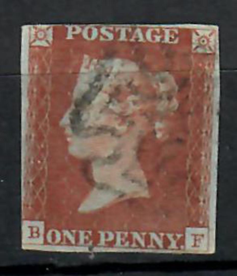 GREAT BRITAIN 1841 1d Red-Brown Imperf on very blue paper. Letters BF. Three and almost four margins. Light Maltese Cross postma image 0