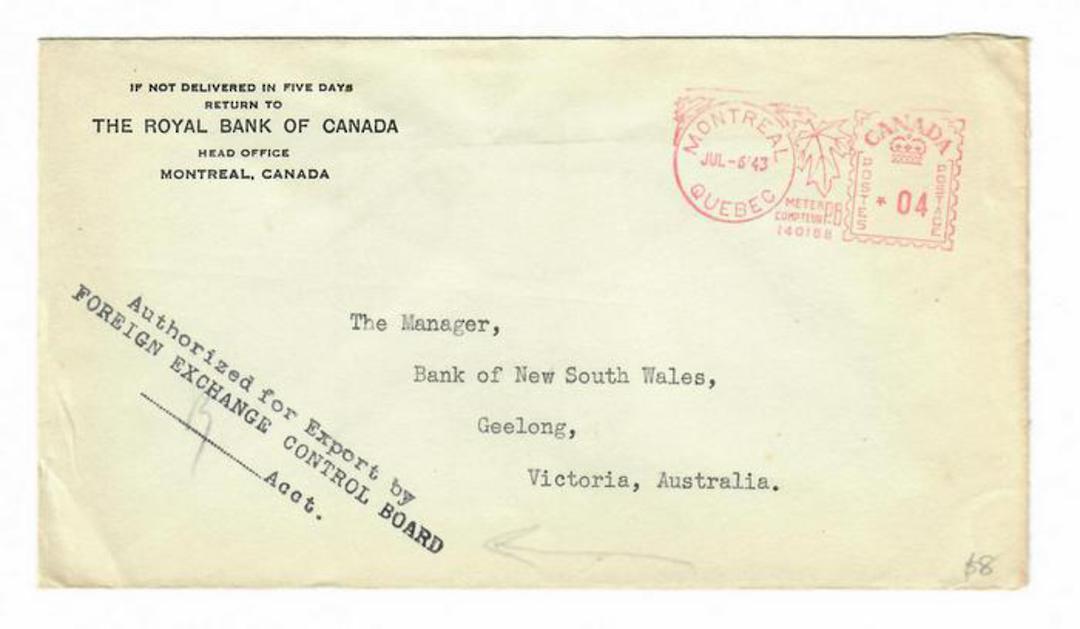 CANADA 1943 Letter from The Royal Bank of Canada to The Bank of New South Wales Geelong. Authorized for Export by The Foreign Ex image 0