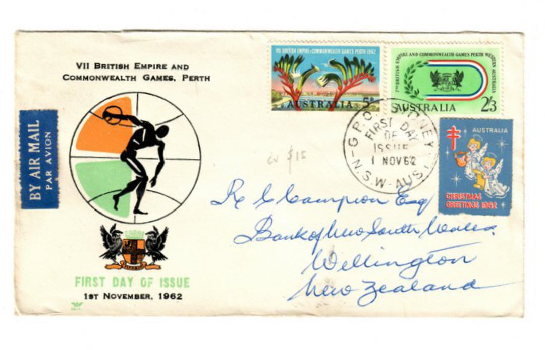 AUSTRALIA 1962 Games on first day cover with tied Christmas cinderella. - 38287 - FDC image 0