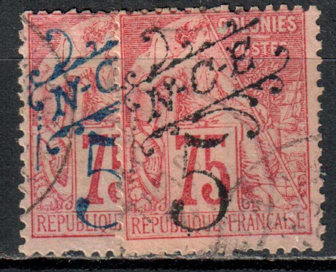 NEW CALEDONIA 1892 Definitive Surcharge 5 on 75c Carmine on rose. The black overprint and the blue overprint. Clearly distinguis image 0