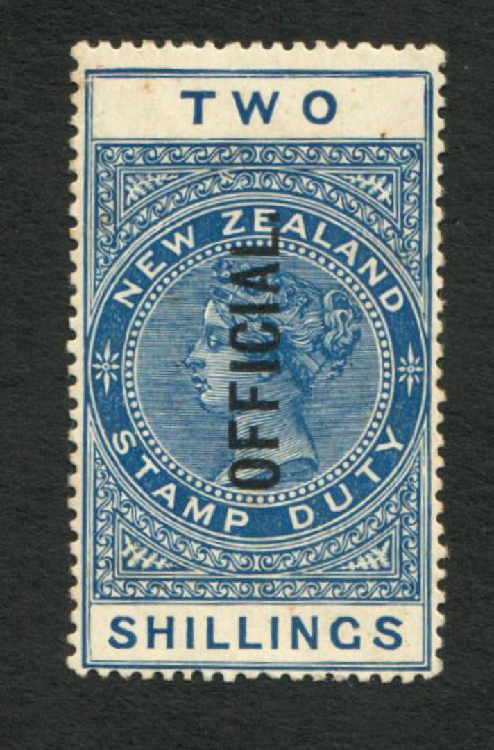 NEW ZEALAND 1882 Long Type Postal Fiscal Official 2/- Blue. Has toning so sold as no gum. - 74066 - MNG image 0