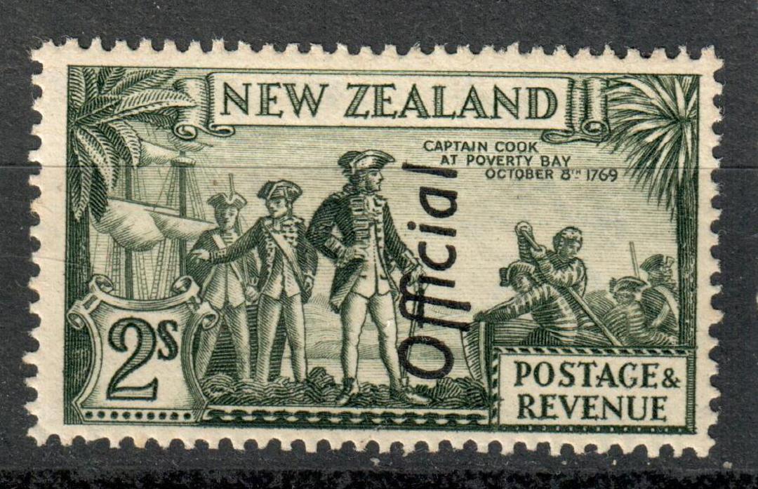 NEW ZEALAND 1935 Pictorial Official 2/- Olive-Green. Captain Cook. Perf 13½  x 14. Multiple watermark. Very light hinge remains. image 0