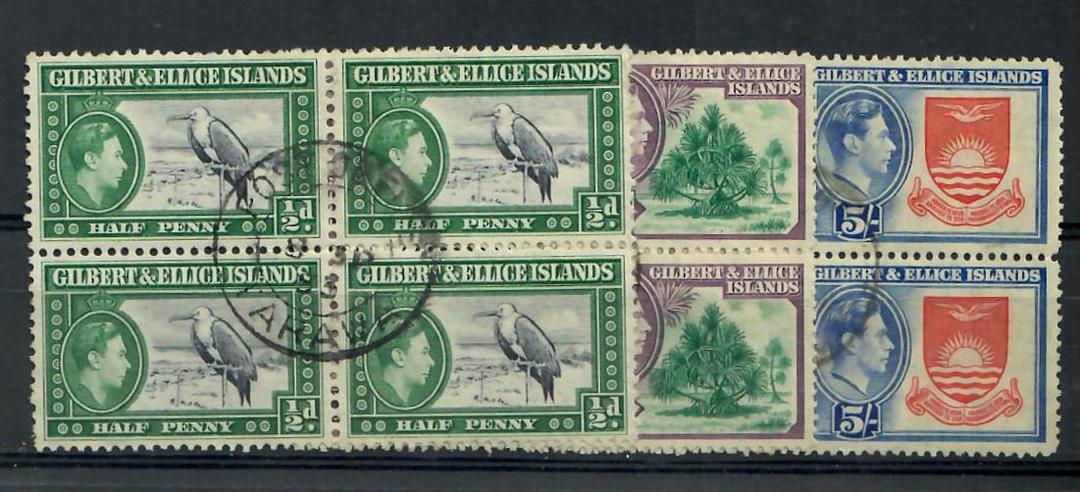 GILBERT & ELLICE ISLANDS 1939 Geo 6th Definitives ½d 1d and 5/- in blocks of 4. - 21735 - Used image 0