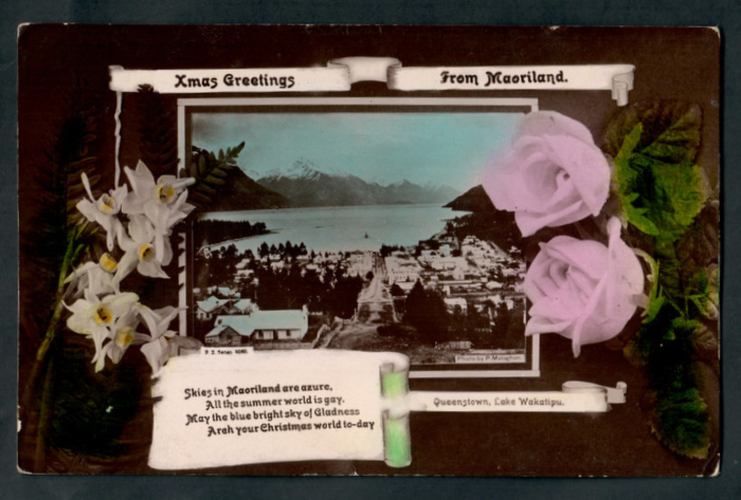 Coloured Postcard of Queenstown. Xmas Greetings from Maoriland. - 249402 - Postcard image 0