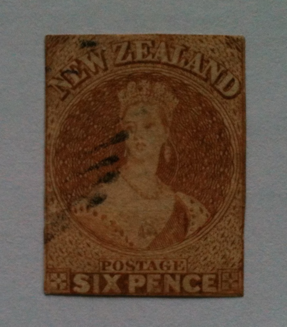 NEW ZEALAND 1855 Full Face Queen 6d Brown. White paper. No watermark. Some margin, mainly cut along the frame. Nice cancel, off image 0